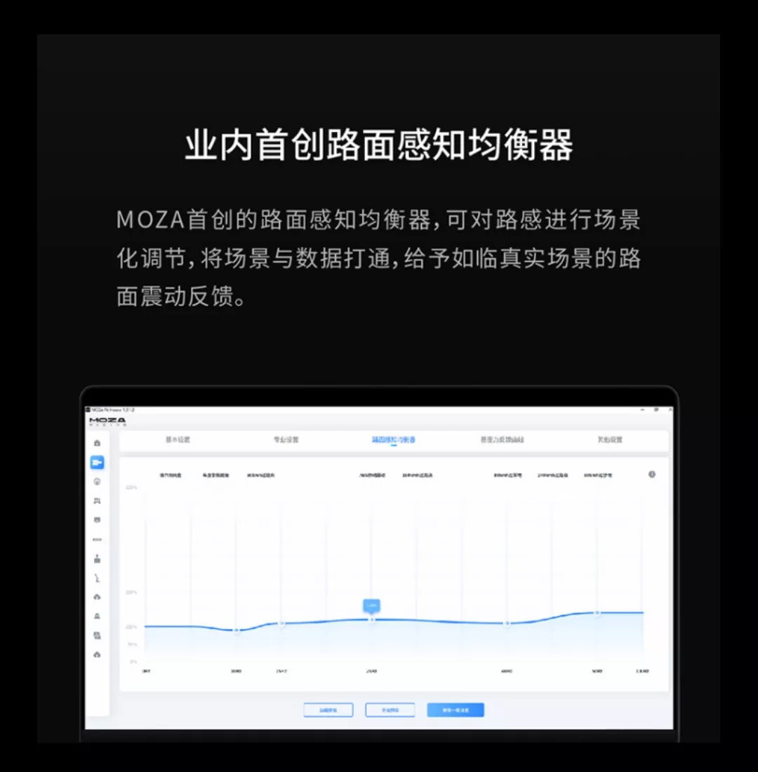 业内首创路面感知均衡器MOZA首创的路面感知均衡器,可对路感进行场景化调节,将场景与数据打通,给予如临真实场景的路面震动反馈MOZA。